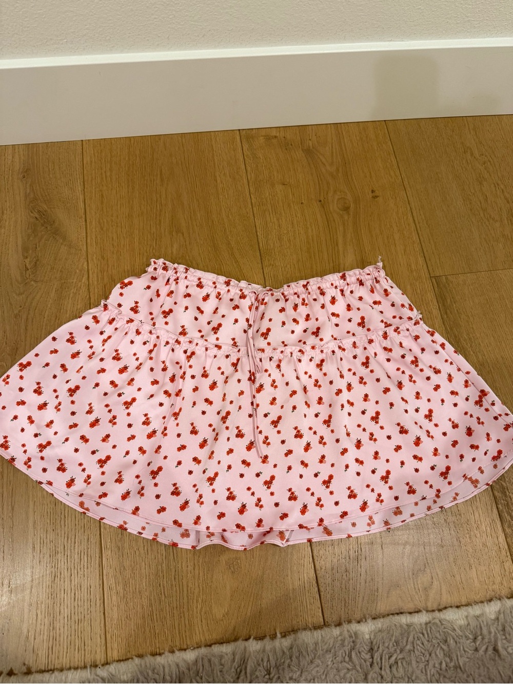 Aritzia Sunday Best Pink Mini Skirt with Red Floral Print
